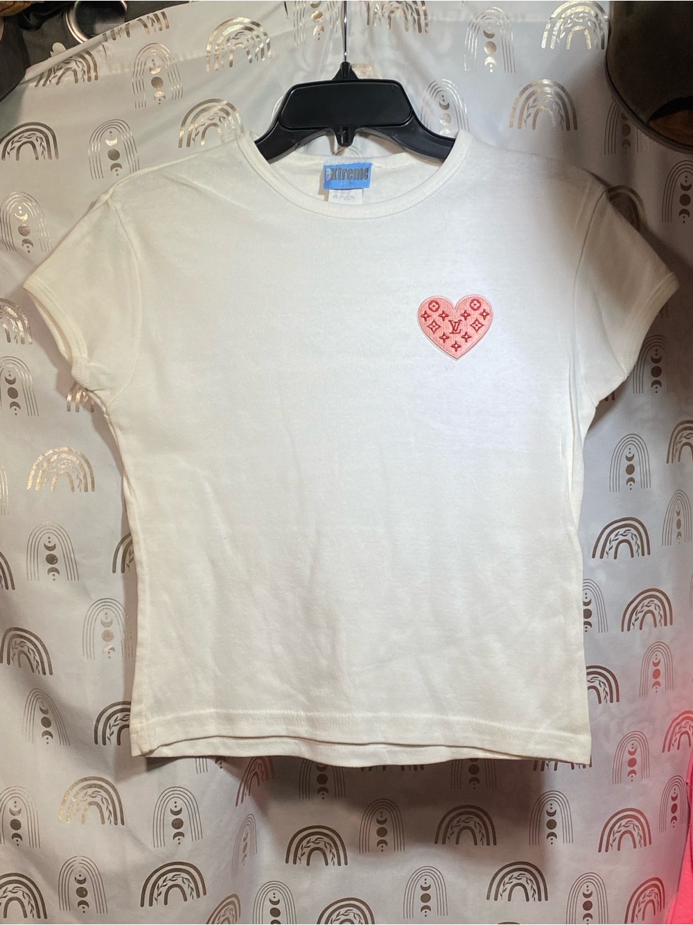 Cream Short Sleeve Tee with Pink Heart Patch up cycled. LV INSPO